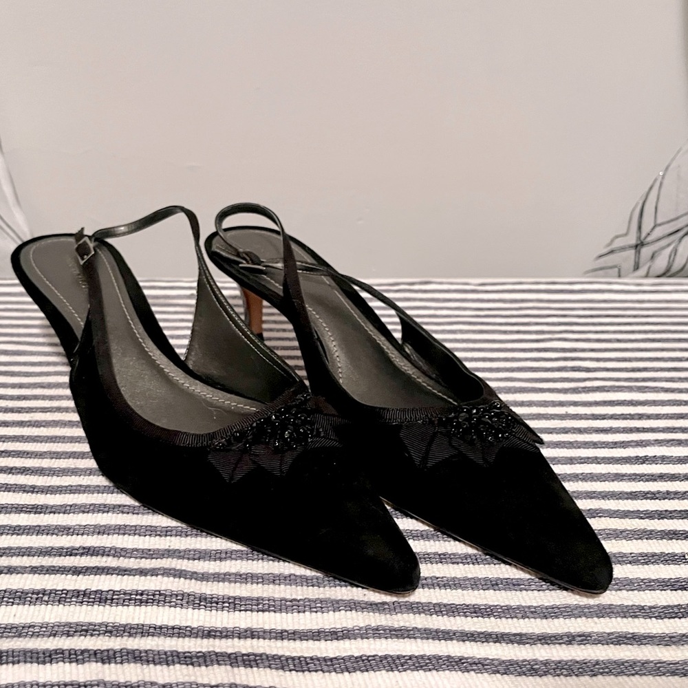 ANN TAYLOR. Black Leather Pointed Sling-Back Baby Stiletto Heels, Sz. 9.5 M